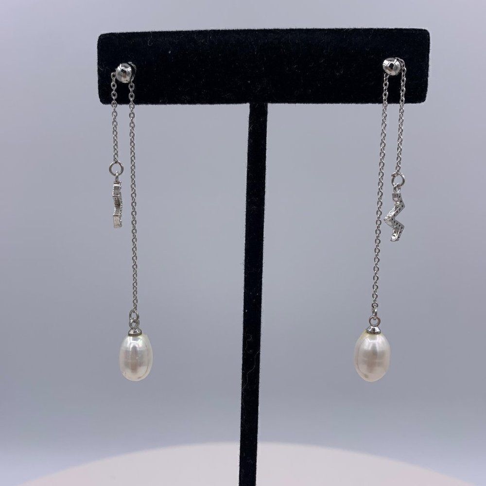 Earrings, NWOT, adjustable length, double drop, real pearl, charm with crystals